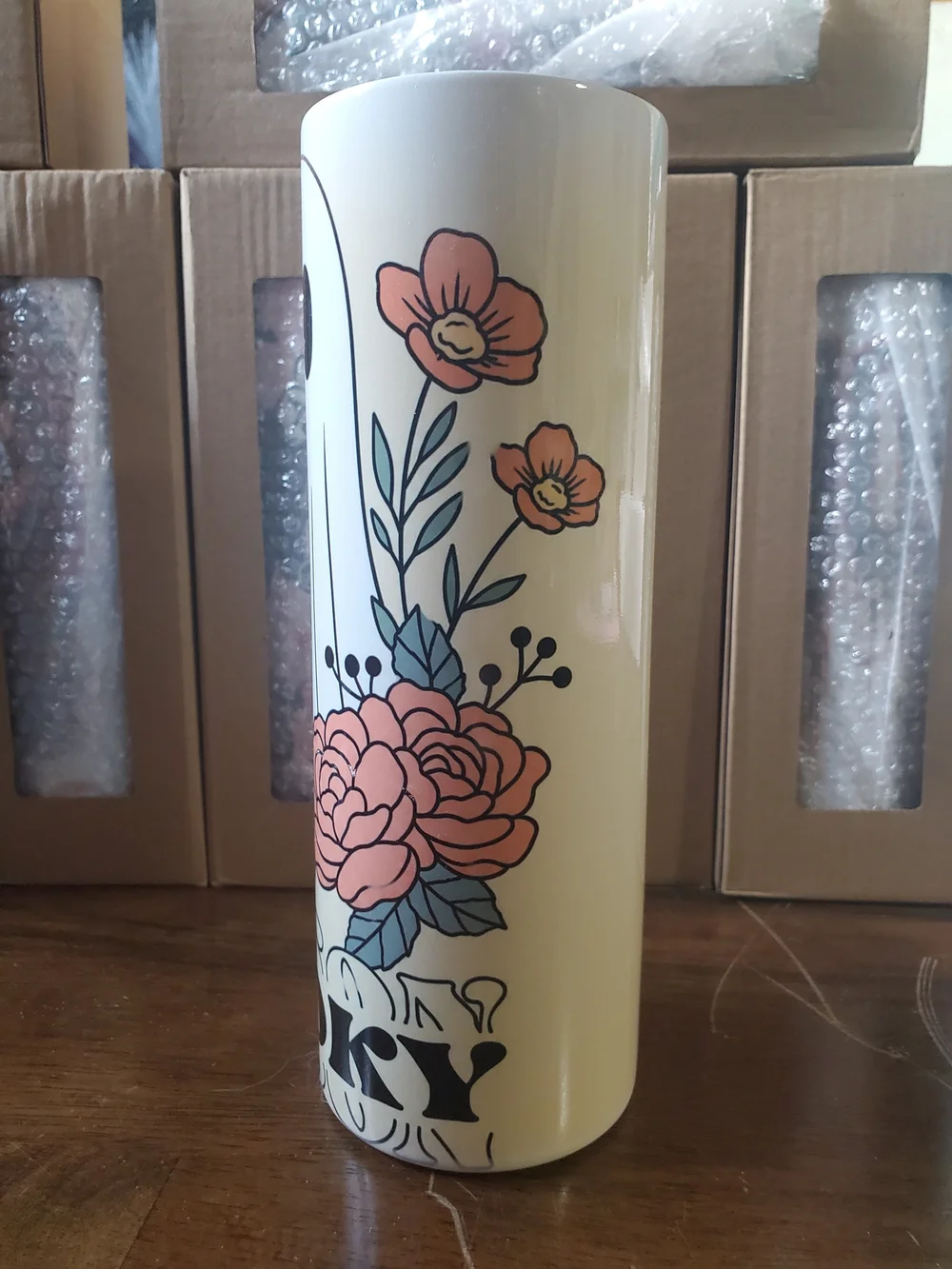 Floral Ghost Stainless Tumbler - White with Peach & Green Accents